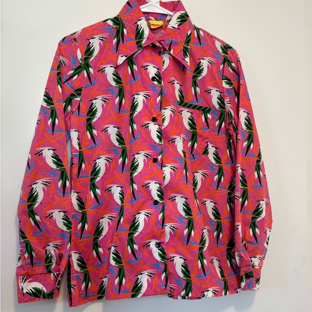 Vintage Pink Tropical Hollywood Regency Bird Long Sleeve Button Down Shirt Sz 10